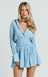 Valerie Mini Dress - Collared Long Sleeve Waist Shirt Dress in Pale Blue